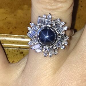 Natural Blue Star Sapphire Moissanite Sterling Silver Ring Size 6